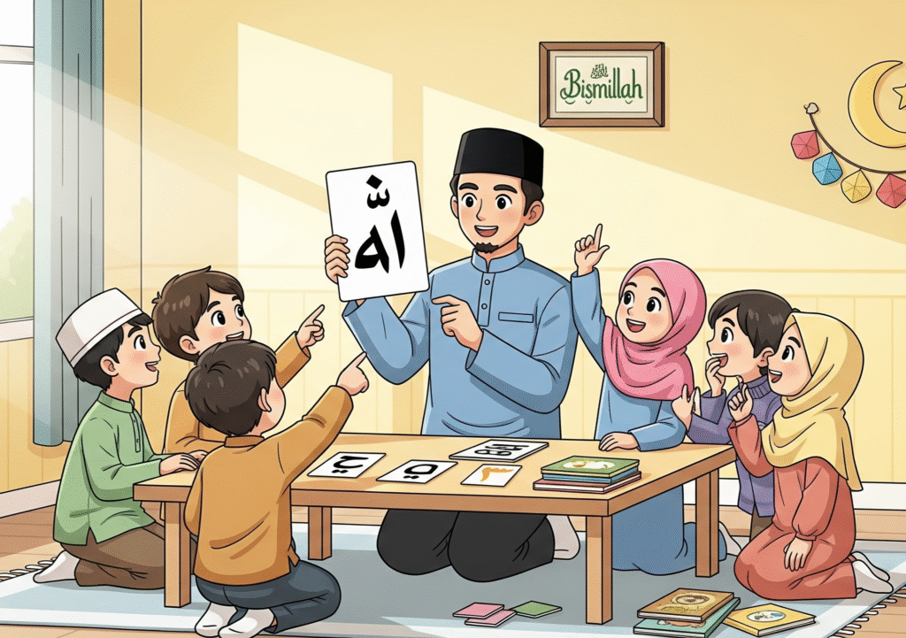 Ilustrasi suasana belajar Al-Qur'an yang gembira, menampilkan seorang ustaz menggunakan flashcard Hijaiyah untuk mengajar murid-murid.